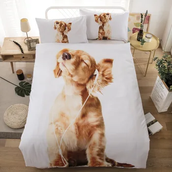 

BEST.WENSD EU AU US double white bedding queen size 3pcs Duvet Cover set Bed bedline Listen to music dog Queen Size Bed Sets 3D
