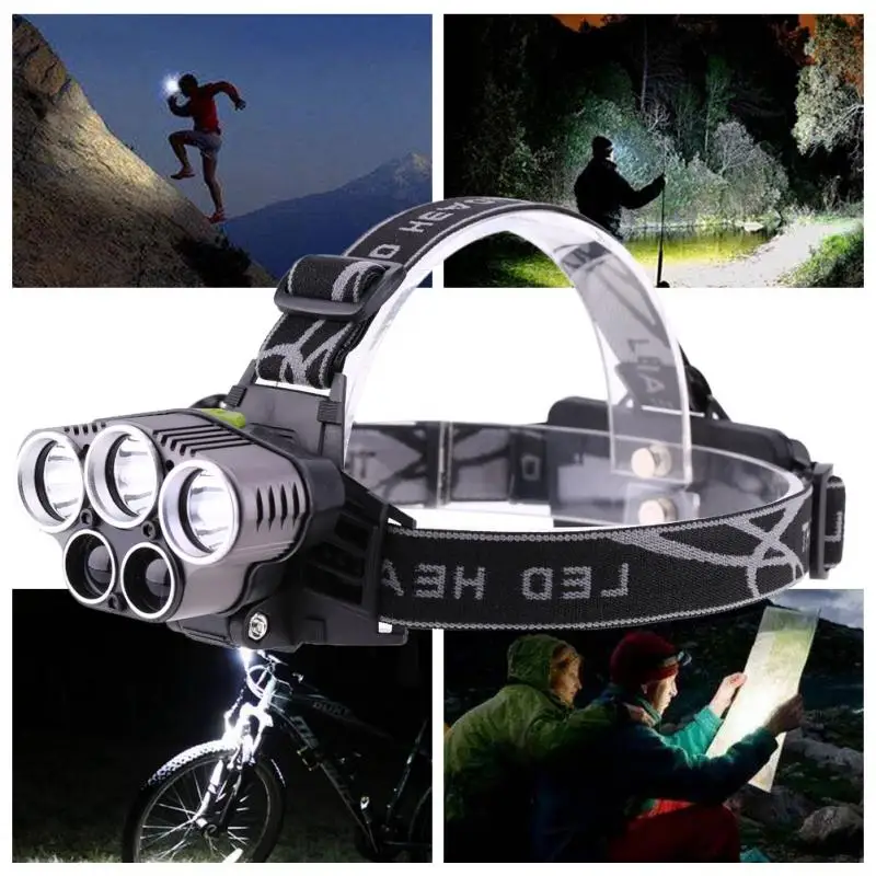

T6 5LED Headlamp USB Rechargeable Head Lamp Zoomable Waterproof LED Headlight 1865 Battery Head Light For Fishing Hiking Camping