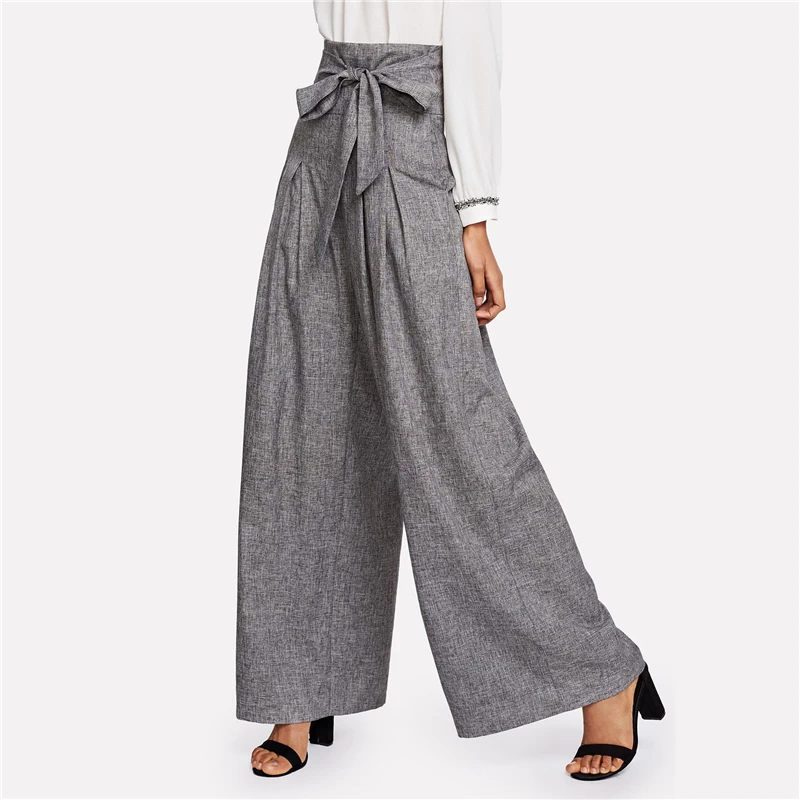 Sheinside брюки палаццо с высокой талией, плиссированные, с поясом, женские серые свободные брюки, элегантные рабочие брюки для женщин, широкие брюки