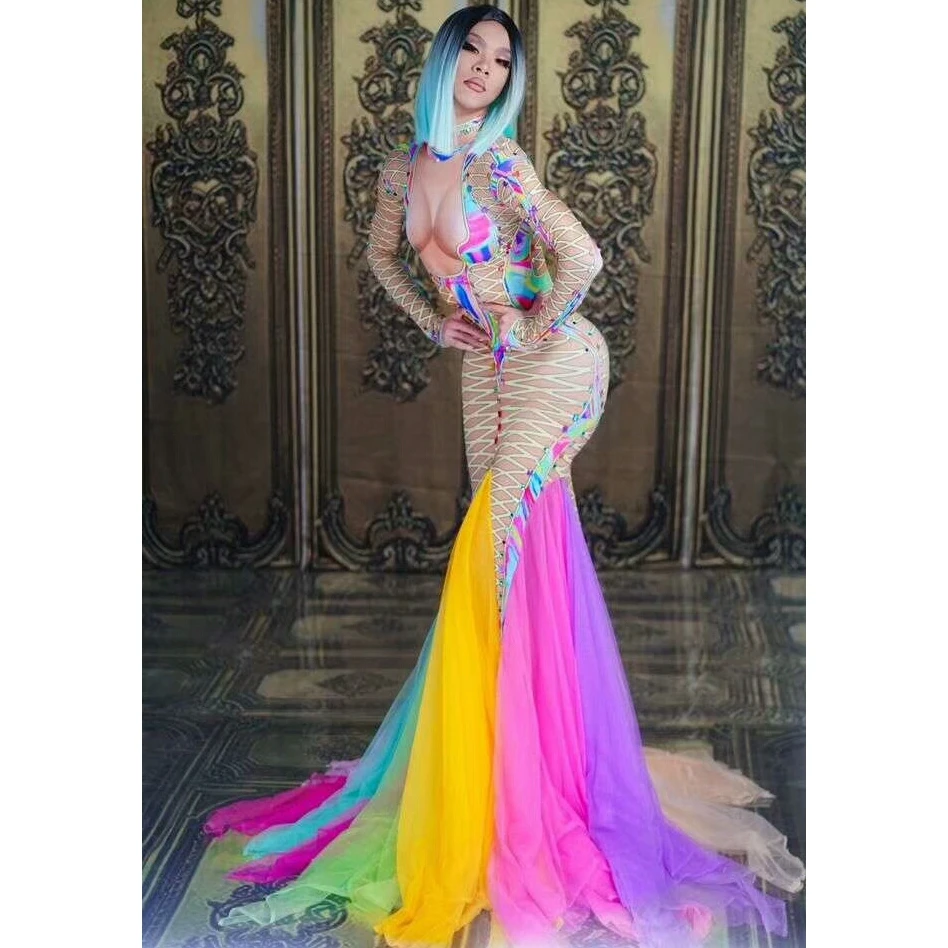 

Colorful Mesh Tail Dress Women Sexy Stage Wear Stretch One-piece Rhinestone Long Dress Singer Evening Performance Party Dresses