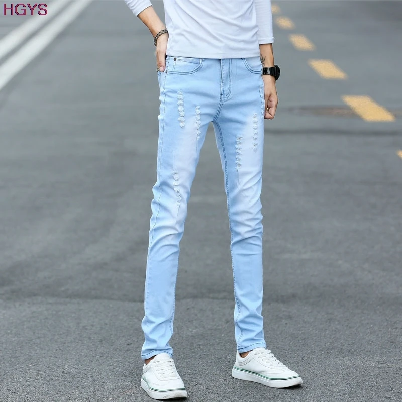 

2017 elastic light color jeans for men Cultivate one's morality teenagers feet pants The beggar pants hole in men's trousers