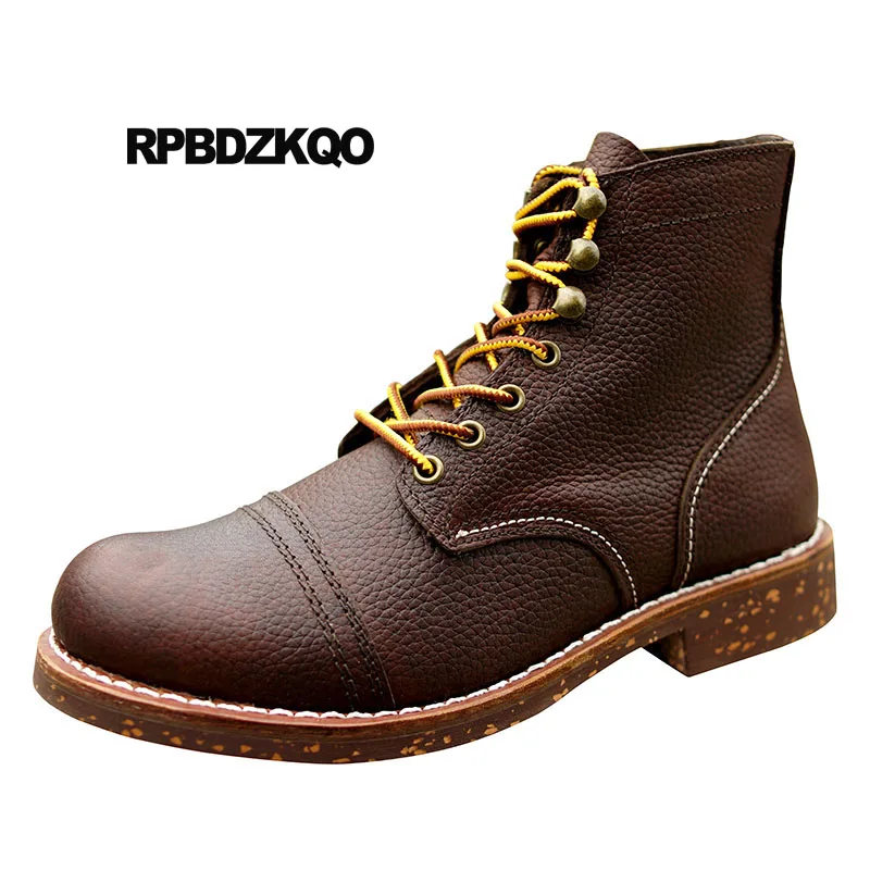 

Male Short Full Grain Leather Ankle Plus Size Handmade Brown Vintage Booties Boots Genuine Men Designer Autumn Shoes Lace Up