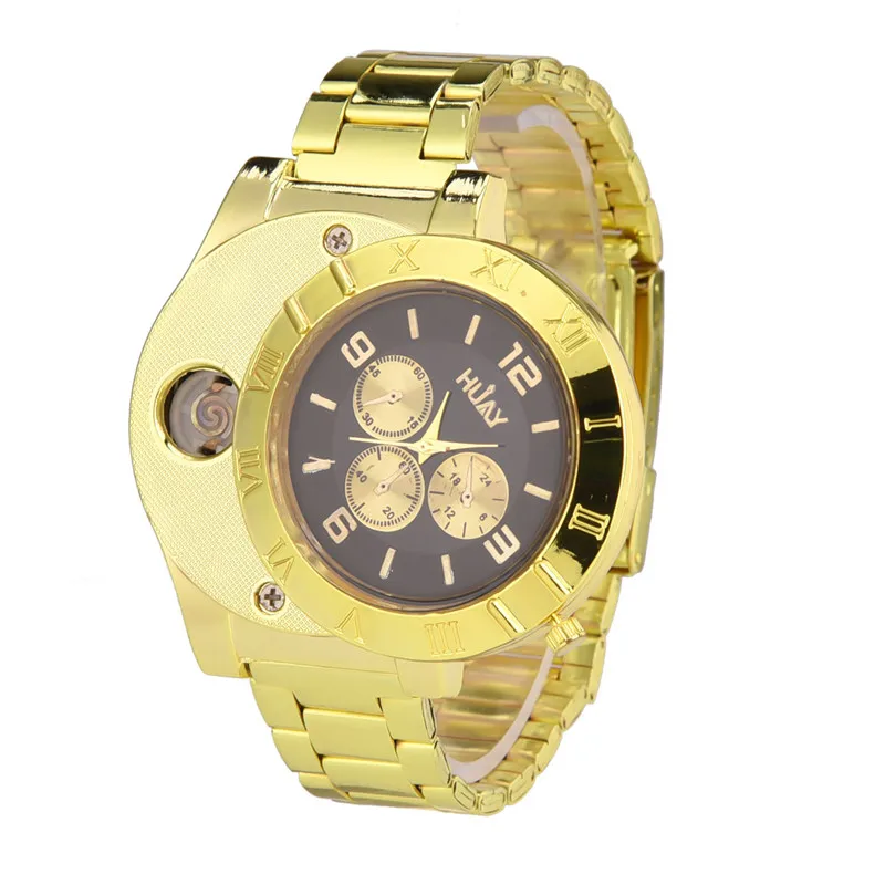 

Luxury Gold Men Watch Lighter USB Rechargeable Windproof Flameless Cigarette Lighters Casual Sports Quartz Wristwatch Mens 45