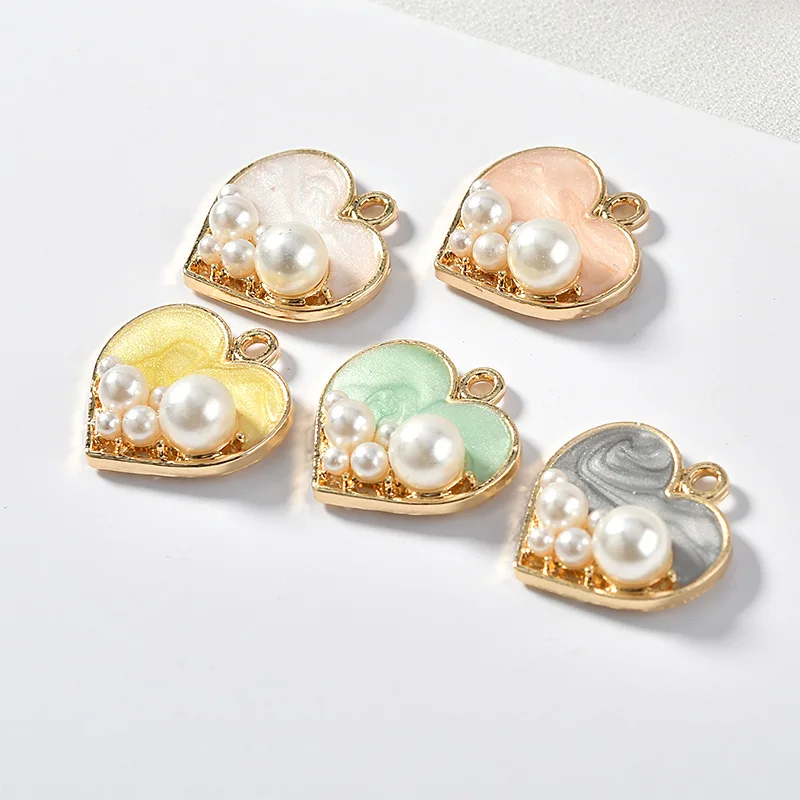 

10pcs/pack Pearl Heart Enamel Charms Pendant Metal Golden For DIY handmade