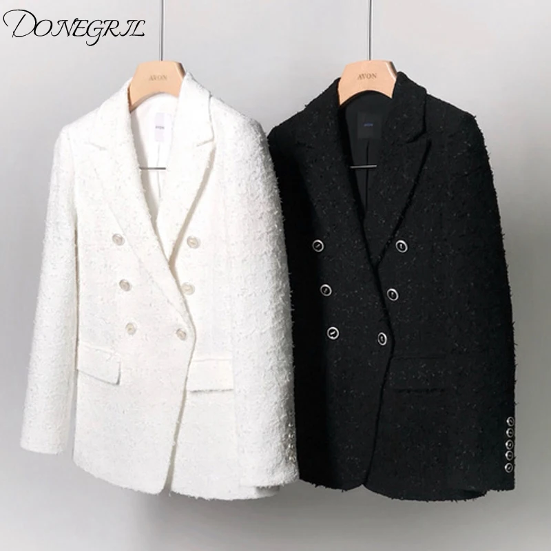 Винтажный твидовый блейзер для женщин Весенняя Смешанная куртка пальто Mujer модный офисный женский белый и черный блейзер пальто осень