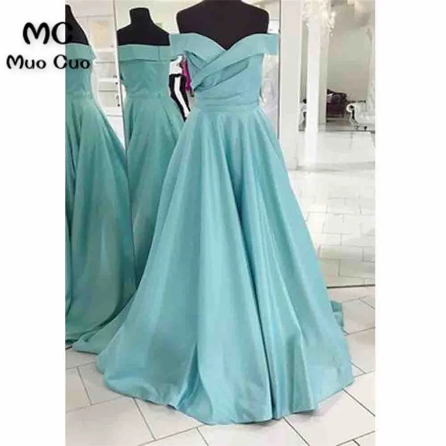 

2018 Aqua Off Shoulder Prom Dresses Long V-Neck Satin Short Sleeves Pleat Vestido Longo A-Line Formal Evening Party Dress