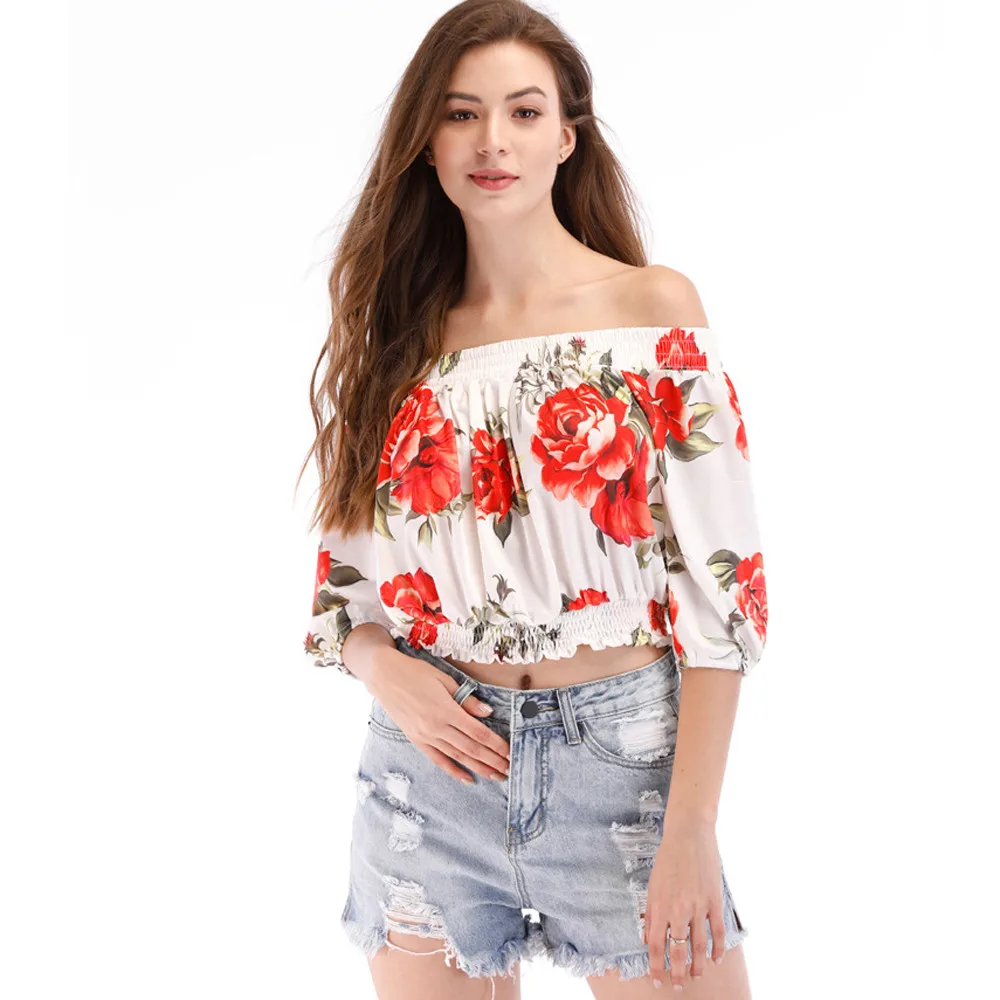 Women Slash Neck Casual Lady Cold Shoulder Floral Three Quarter Sleeve non-elastic fabric  Loose fit silhouette Shirt W30417