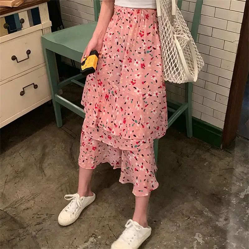 

Irregular Floral High Waist Cake Skirt Women's Summer Skirts Lovely Kawaii Sweet Girl Female Korean Girl Ins Harajuku For Women