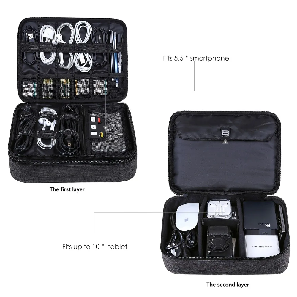 BAGSMART New Travel Accessories Double Layer Travel Universal Cable Organizer Cases Electronics Accessories Bag for iPad Pro Air