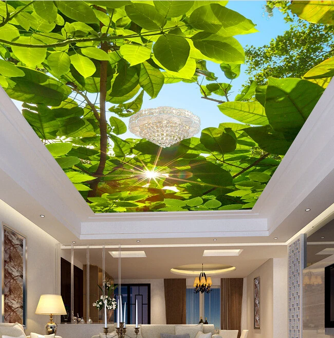 Papel pintado de techo personalizado, follaje y cielo azul, el sol