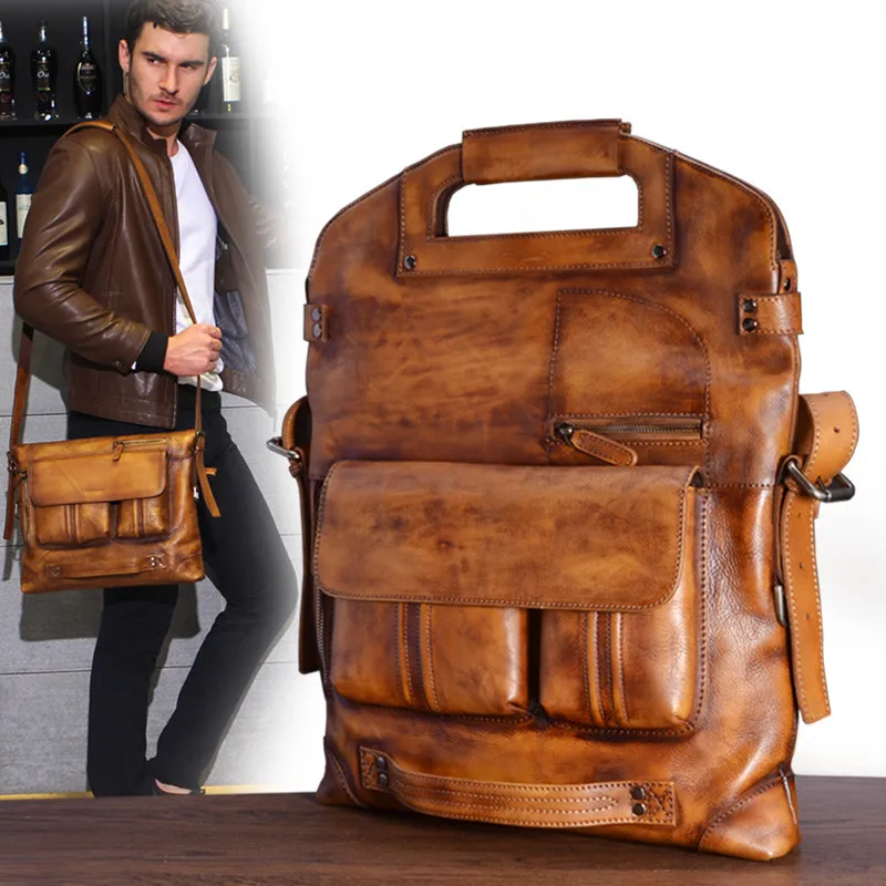 

BJYL Genuine Leather men's handbag casual male Messenger bag retro shoulder bag business men briefcase