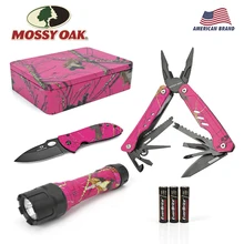 Mossy Oak-Cuchillo plegable multiherramienta para acampada exterior, conjunto de herramientas de mano que incluye alicates y linterna led de bolsillo, con caja de regalo rosa, 3 piezas