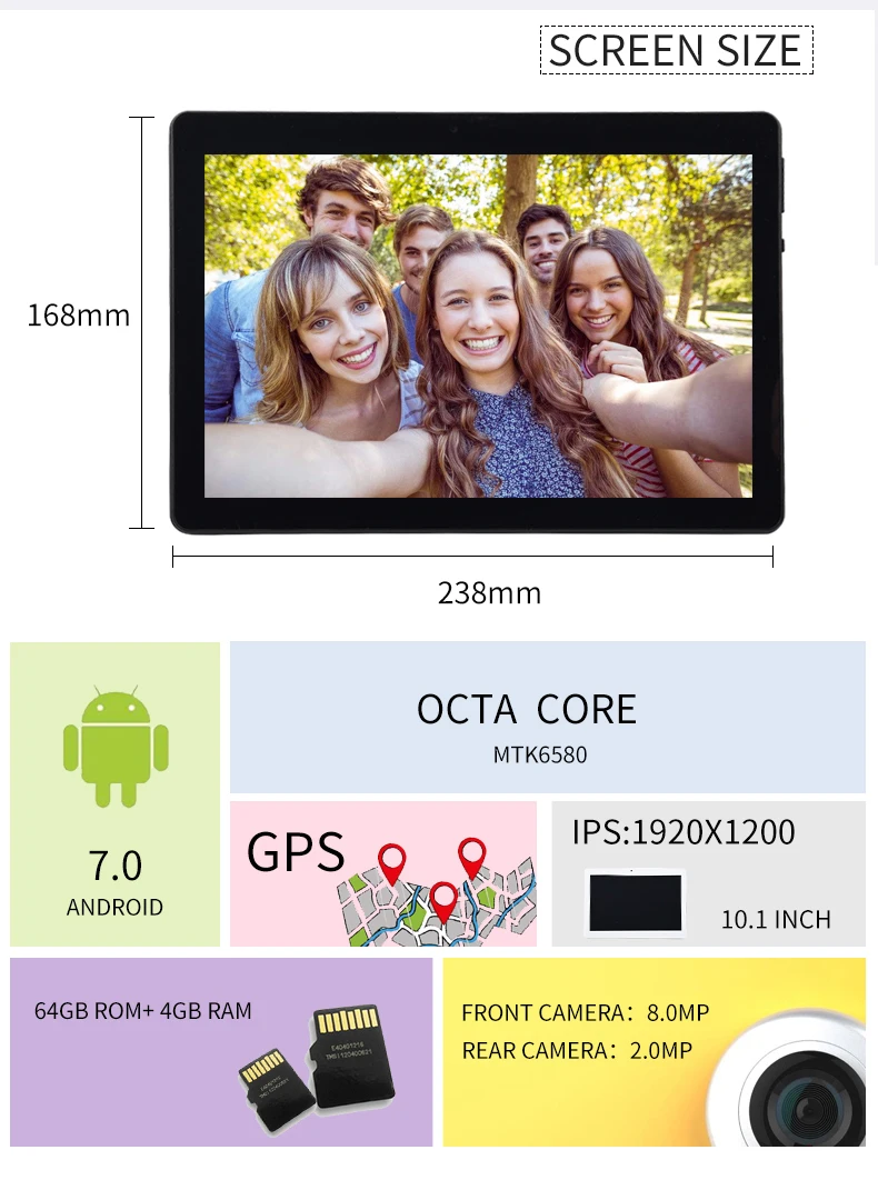 2018 Новый Восьмиядерный 3g 4glte Tablet PC 4 ГБ Оперативная память 64 ГБ Встроенная память двойной камеры 8MP Android 7,0 Tablet 10,1 дюймов карманных