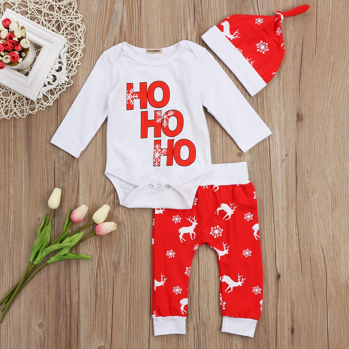 3pcs Romper Pants Hat Set Christmas Toddler Infant Baby Boys Girls