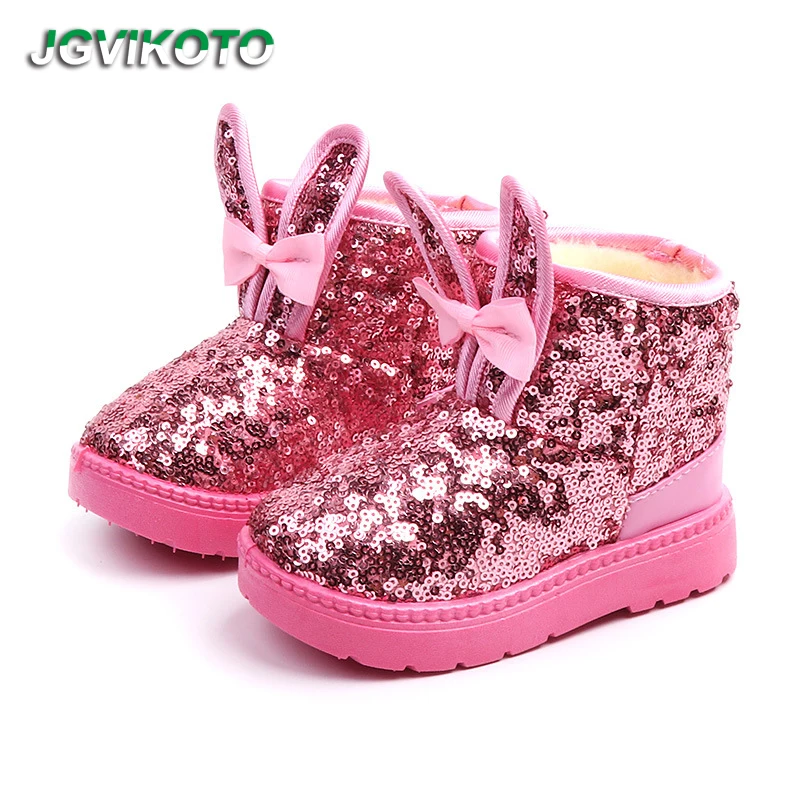 

JGVIKOTO Fashion Girls Boots Soft Rubber Boots For Kids Size 24-35 Sequined Cloth Warm Cotton-padded Children Boots Rabbit Ear