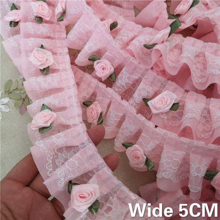 

5CM Wide Pink Lace Fabric 3D Flowers Applique Chiffon Pleated Collar Ruffle Trim Embroidery Laces Ribbon DIY Crafts For Sewing