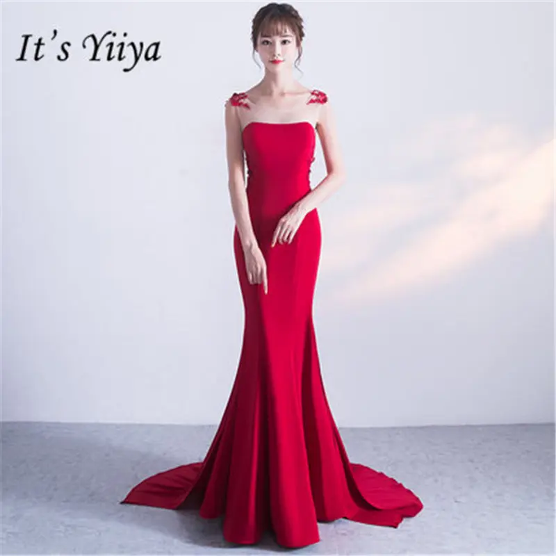 Это YiiYa цвет красного вина труба элегантные вечерние платья с круглым вырезом без рукавов вечерние платья Поезд Вечерние платья HX063