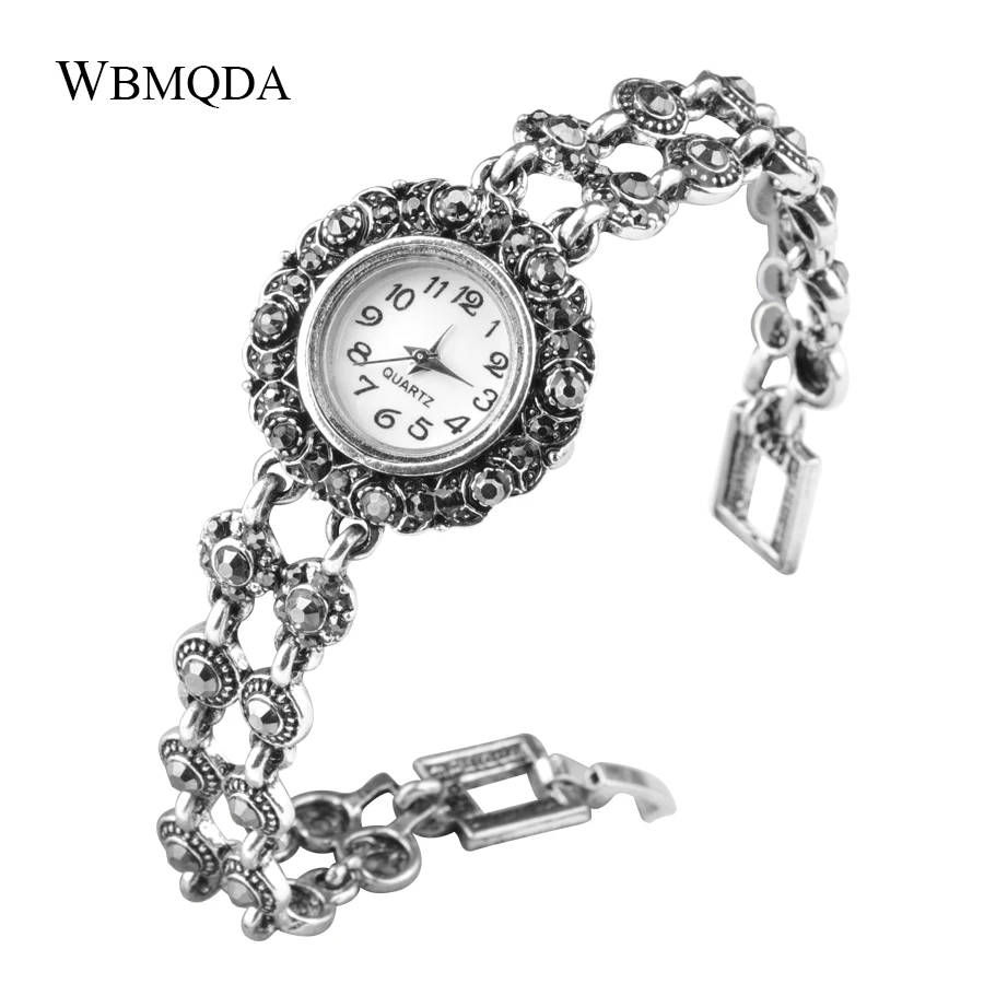 Wbmqda Роскошные модные античные серебряные Кристальные часы браслеты для женщин браслет часы модные ювелирные изделия Новинка