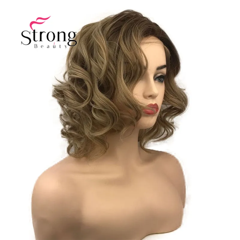 StrongBeauty парик фронта шнурка серый и белый микс короткие волнистые синтетические термостойкие волосы парик для женщин выбор цвета