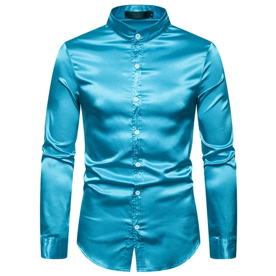 Light Blue Мужские красные шелковые как Атласные Рубашки брендовые приталенные мужские смокинги с воротником "Мандарин" Вечерние рубашки для выпускного вечера Мужская футболка в стиле диско - Цвет: Light Blue