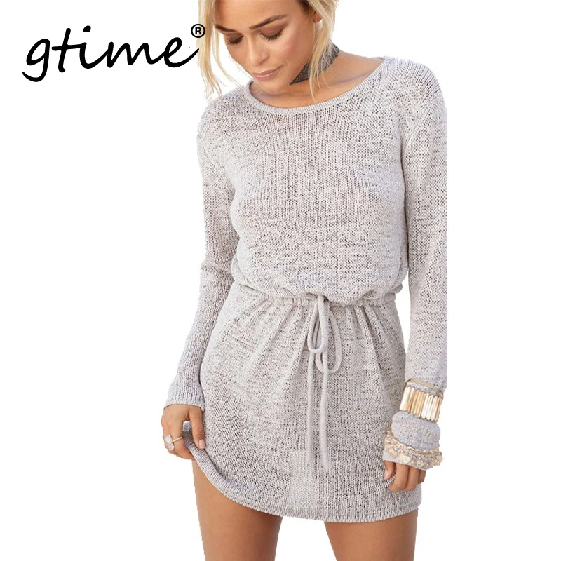 

GTIME Dropshipping Sexy Hollow Backless Dress Women Strappy Knitt Short Dress Vestidos Casual Winter Long Sleeve Dress WGT109