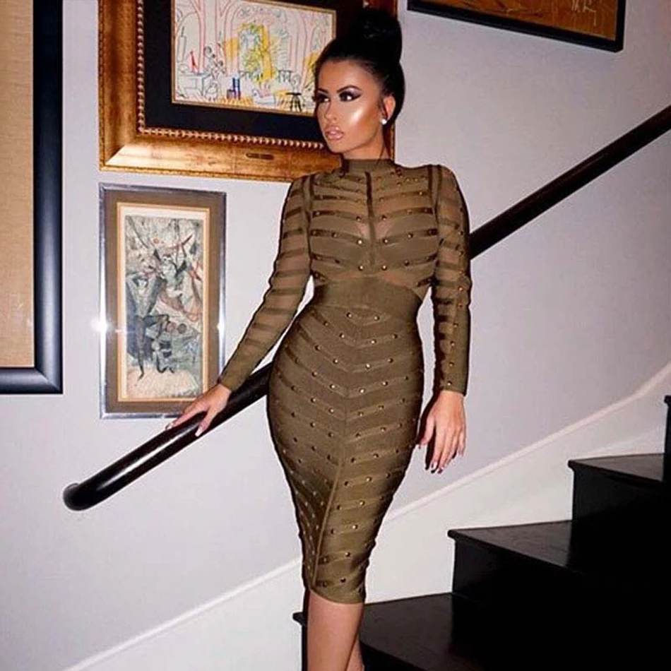 New Winter Celebrity Party Bandage Dress Women Knee Length Bodycon Dresses Sexy Mesh Long Sleeve Beaded Dresses