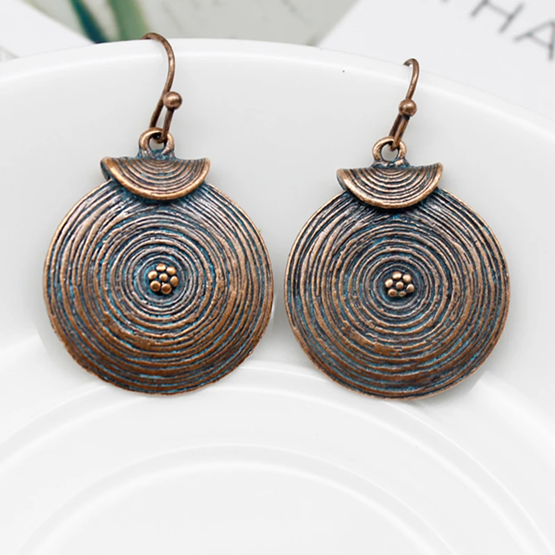 

Ethnic Copper Spiral Texture Disc Round Coin Drop Earrings Vintage Retro Women's Dangle Earrings Bohemian Jewelry Brincos