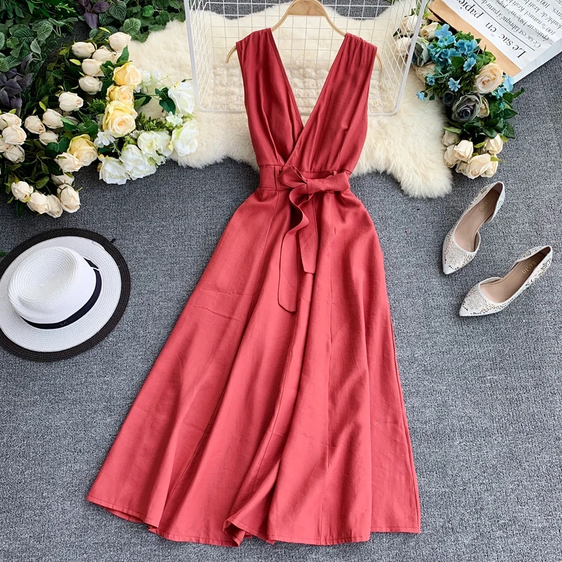 

French Retro Runway Dress 2019 New Solid Simple Maxi Long Boho Dress V-neck Sleeveless Women's Back Bowknot Dress Summer