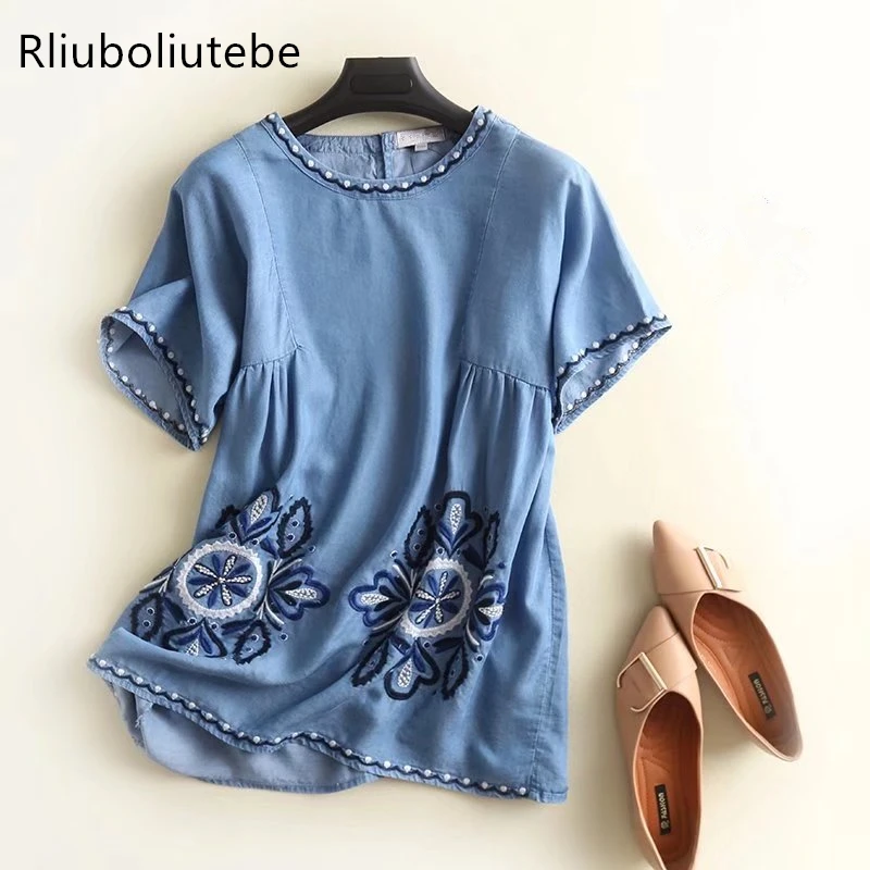 Tencel Джинсовая блузка Женская Джинсовая блузка с вышивкой с коротким рукавом светло-голубые цветы повседневные свободные топы Цветочные рабочие Мягкие Рубашки