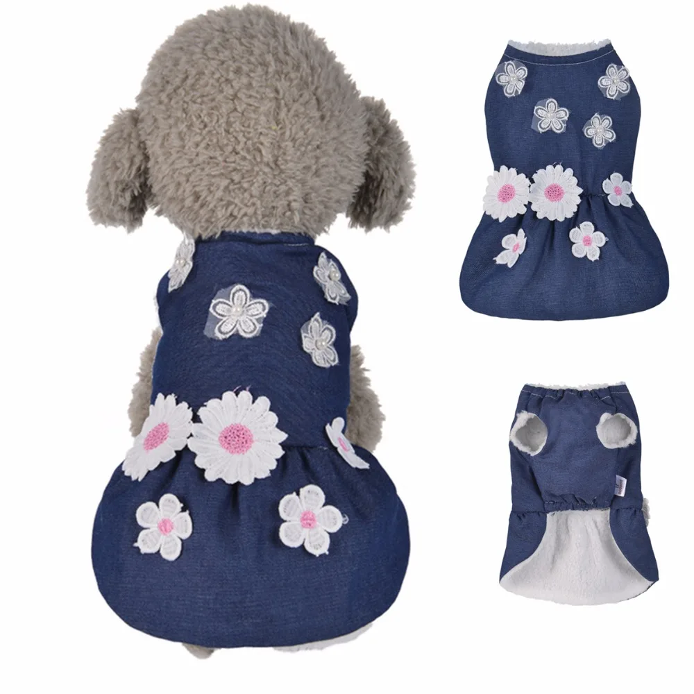 X17 New Winter Pet dog Denim Dress Jacket Clothes Warm Floral Cute