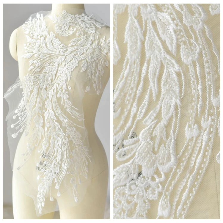 

Ivory White Beading Phoenix Embroidery Lace Patch Applique Feather Flower Wedding Dress DIY Accessories 41*67CM RS1881