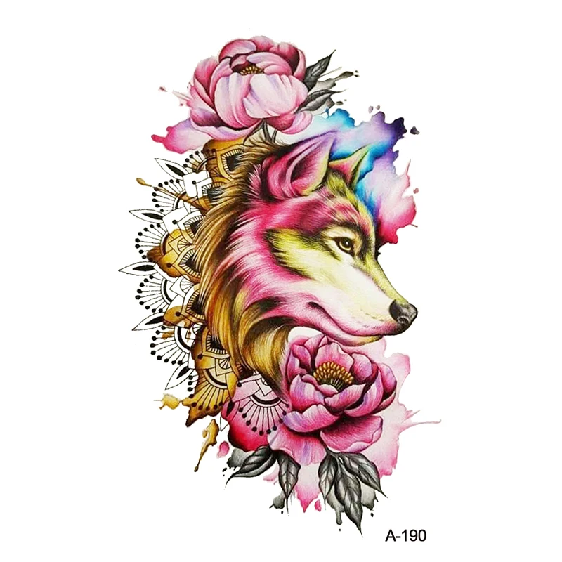 

WYUEN Mysterious Flower Wolf Fake Tattoo Sticker Women Body Art Tattoos Temporary Watercolor Arm Tatoo Stickers 9.8X6cm A-190