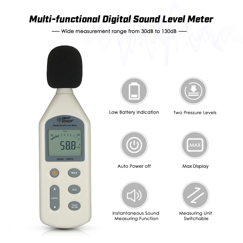 30-130dBA Высокоточный цифровой измеритель уровня звука, ЖК-децибел, звукомер, измеритель уровня шума, контрольный тестер дБ