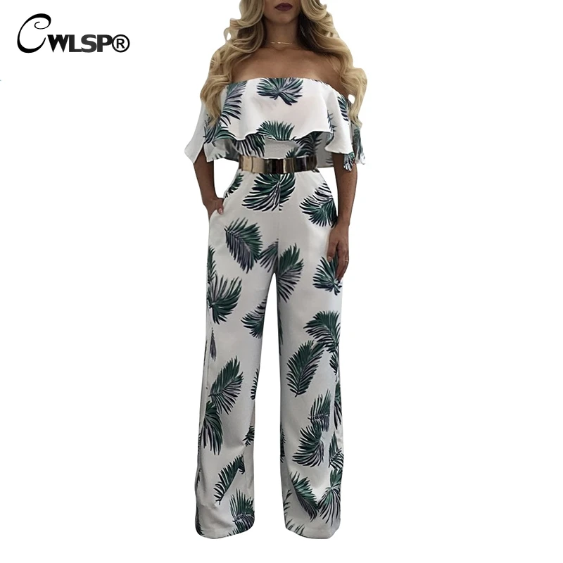 

CWLSP Sexy Ruffles Jumpsuit For Women 2019 Fashion Summer Jumysuit With Print Floral Sheath Jumpsuit With Full Pants QZ2601