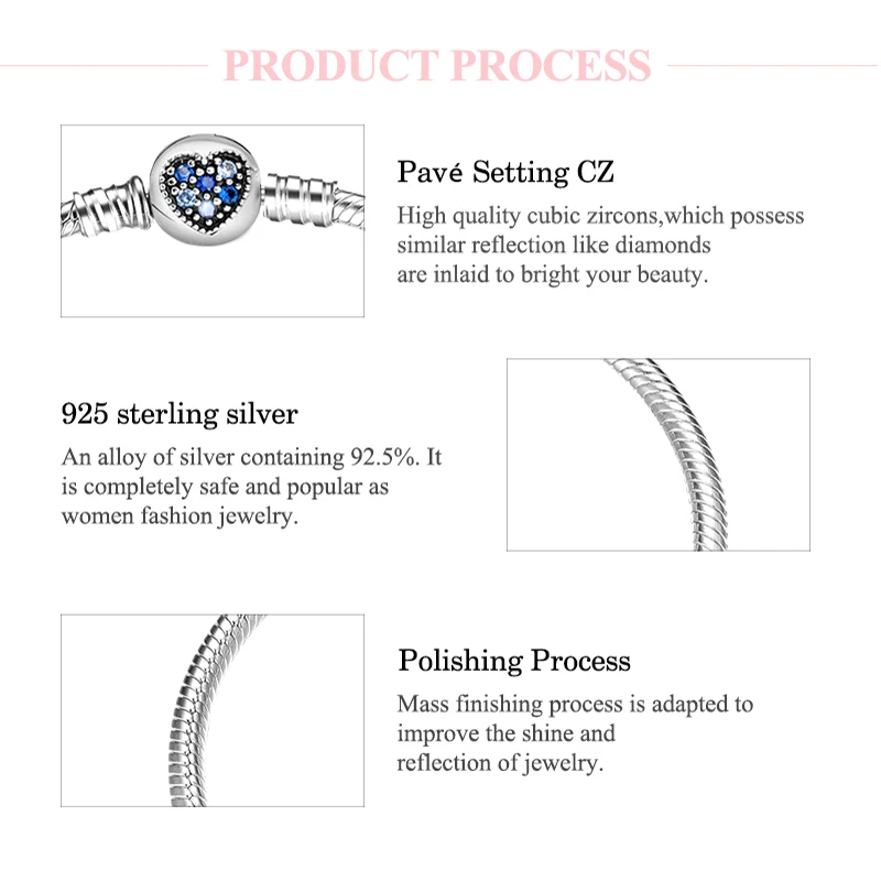 925 пробы Серебряное сердце форма проложить красочный синий кристалл CZ Змея цепи женские браслеты браслет талисманы для изготовления ювелирных изделий
