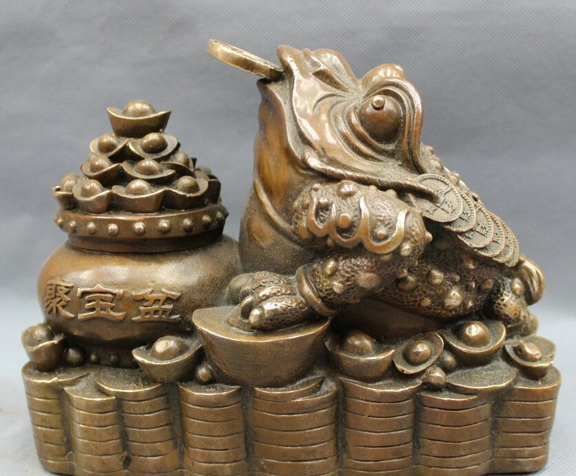 

8" Chinese Copper Bronze FengShui Wealth YuanBao Coin Hoptoad Toad Bowl Statue