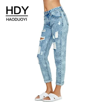 

HDY Haoduoyi Brand 2020 Blue Jeans Women Cut Out Ripped Vintage Skinny Washed Bottoms Slim Casual Broken Hole Jeans for Women