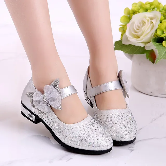 Pink Glitter Shoes For Girls Princess Wedding Crystal Shoes Bow Block