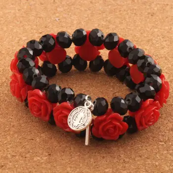 

8pcs Saint Cross Charm Colorful Plumeria Flower Bead Elastic Bracelets Black Crystal Beaded Spring Bracelet BB79