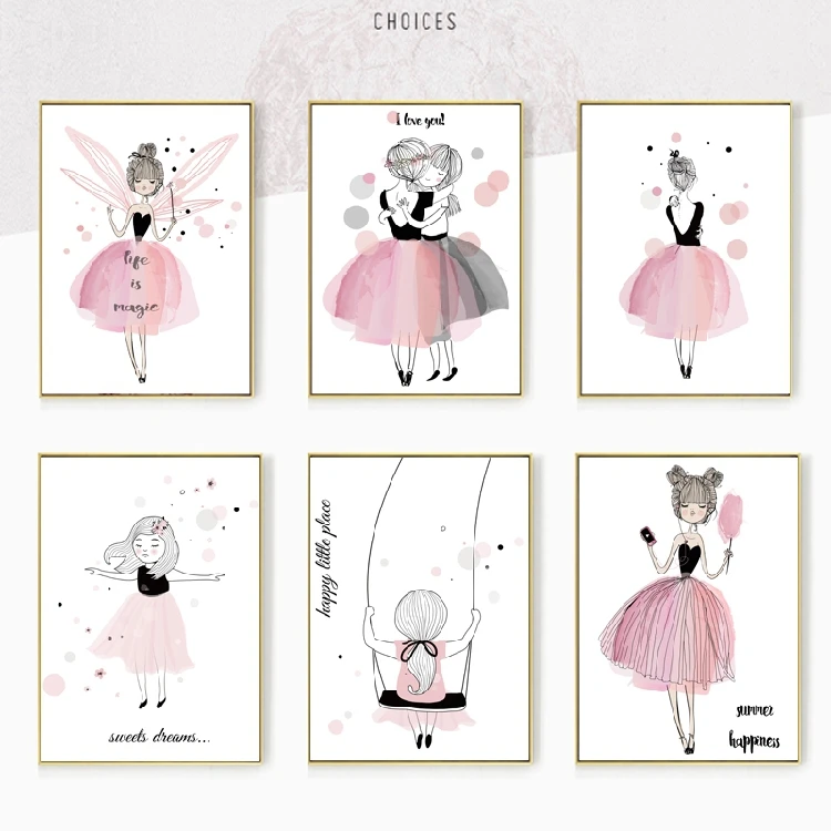 

Baby Nursery Wall Art Canvas Painting Pink Cartoon Girl Poster Print Nordic Kids Decoration Picture Bedroom Decor