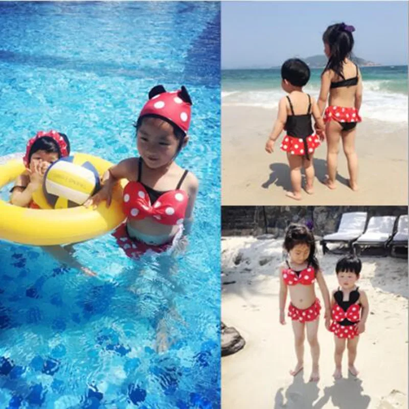 

2018 Girls Swimsuits children's 2PCS/SETS one piece Minnie swimwear cartoon Wave point Split swimsuit Swimming cap for kids 1-10