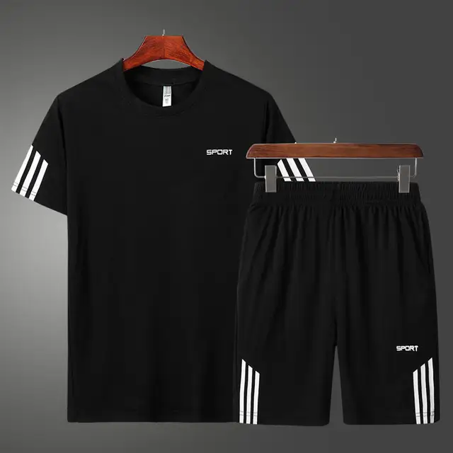New Jogging Suits Gym Sport T Shirt Men Short Sleeve Running Shirt+Short Pants Quick Dry Bodybuilding T-Shirt Top Soccer Jersey Black Set