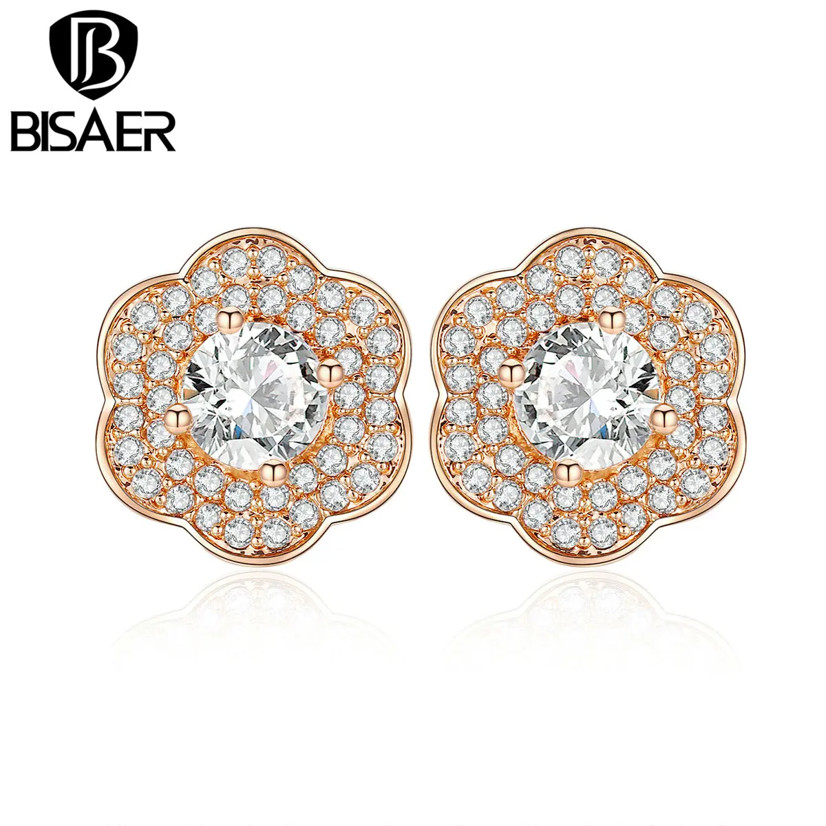 

BISAER Hot Sale Alloy Rose Gold Color Clear CZ Stud Earrings for Women Wedding Engagement Jewelry Fashion Female Gifts HNE162