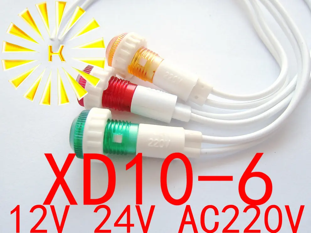 

XD10-6 With 20CM Wire Signal Lamp Red Green Yellow 12V 24V AC220V 10mm Plastic Indicator Light Power LED Diode x 100PCS