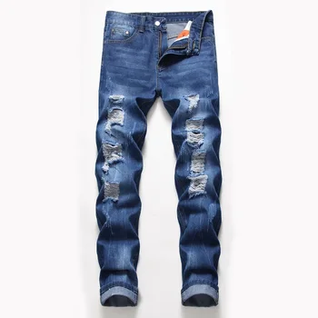 

High Quality Destroyed Straight Slim Fit Jeans Pants Cotton Men Stretch Ripped Jeans Mens Retro Brand Fashion Denim Trousers