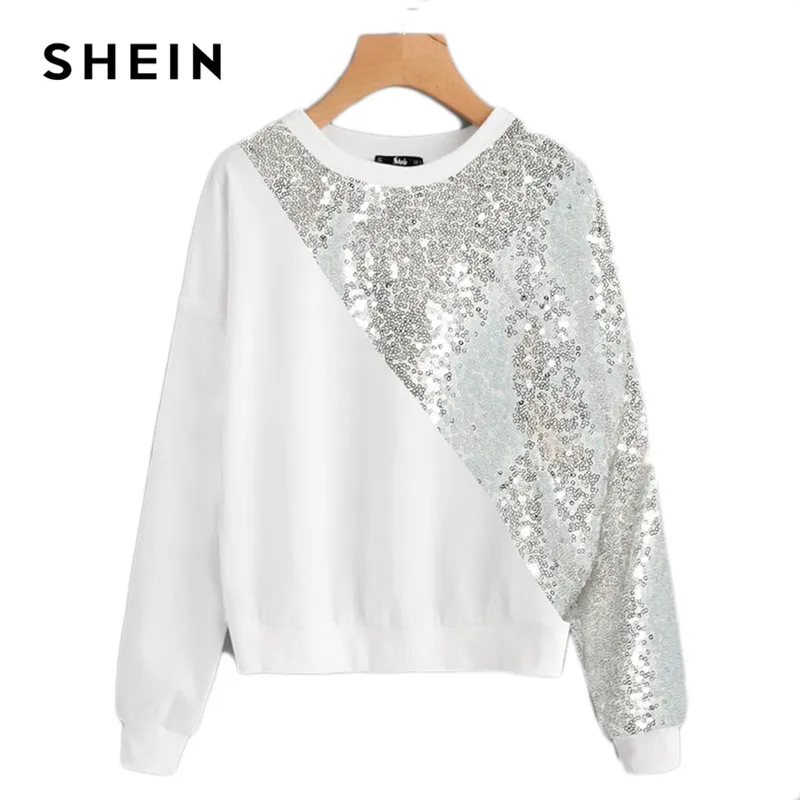 SHEIN Плюс Размеры Свитшот Со Блестками С Заниженной Линией Плеч Женская Белая Гламурная Толстовка С Длинными Рукавами