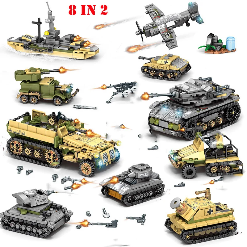 

Military WW2 Tank Truck Vehicles Soldier Figures Building Blocks Compatible Legoing Army Weapon Technic Bricks Toys For Children