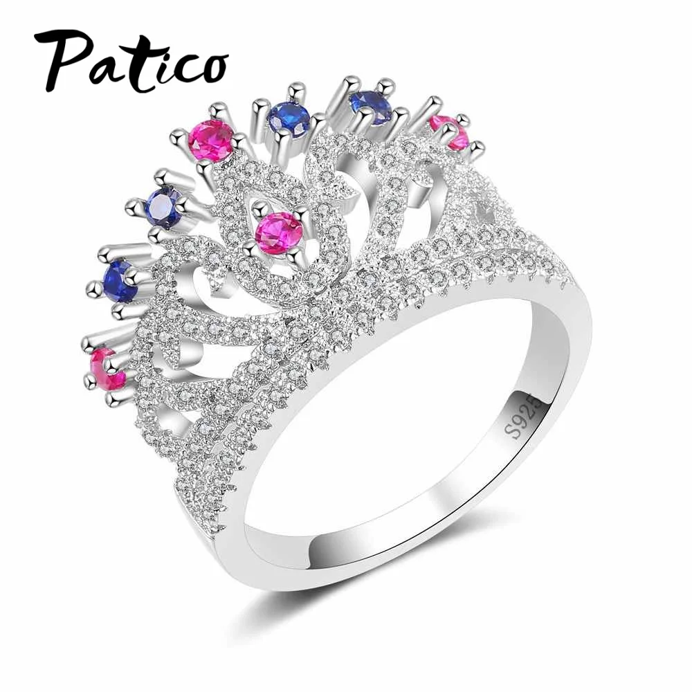 

PATICO Romantic Colorful CZ Crown 925 Sterling Silver Forever Wedding Rings For Women Bague Finger Rings CZ Crystal Jewelry Anel