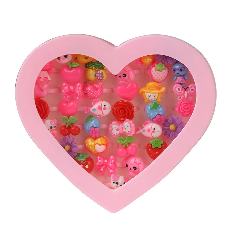 36pcs Mixed Animals Flower Metal Resin Girls Children Adjustable Rings Cartoon Finger Jewelry Pink Heart Shaped Box