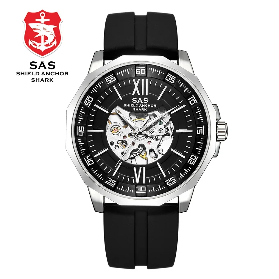 SAS механические часы Для мужчин Фирменная Новинка Водонепроницаемый Рука Ветер механические часы Для Мужчин Скелет Мужские Спортивные Наручные Часы relogio masculino - Цвет: Черный